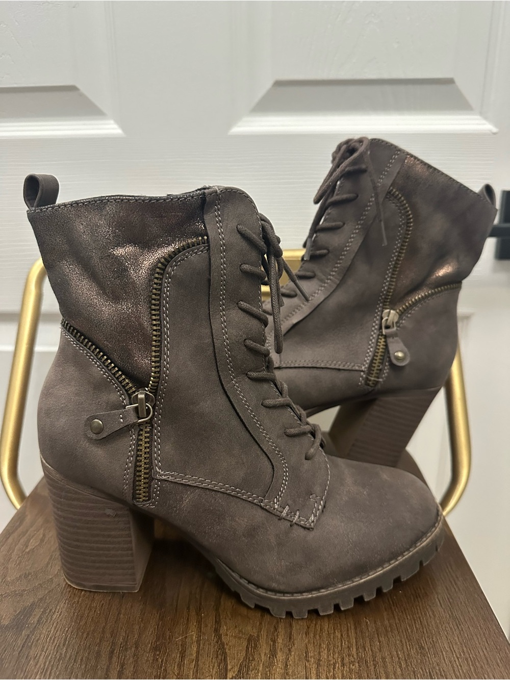 Women’s Taupe Lace-Up Block Heel Ankle Boots